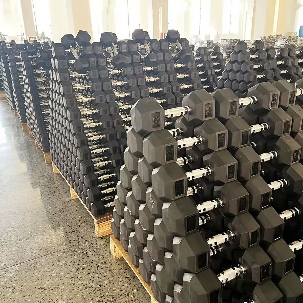Commercial gym layout with organized heavy fitness equipment